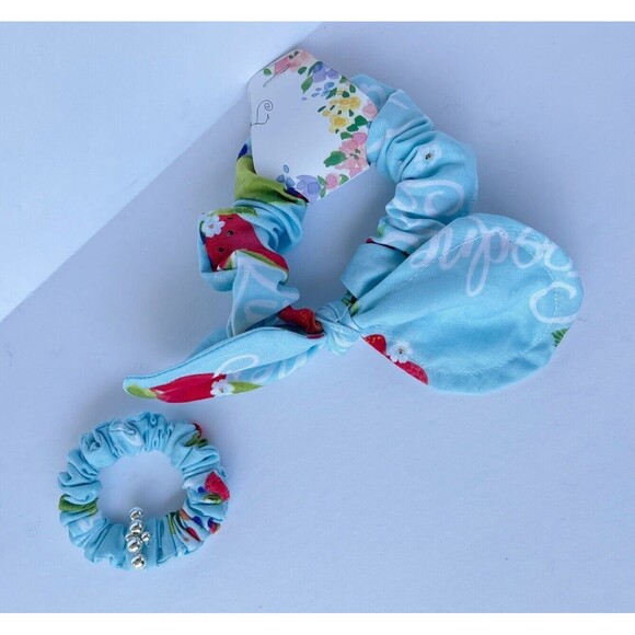 2 New Bow Scrunchie Hair Tie Blue Floral Cotton - Picture 4 of 12